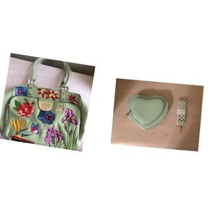 Sale! New Sharif Celadon Green Leather Embroidered Floral Bag & Mint Heart Bag